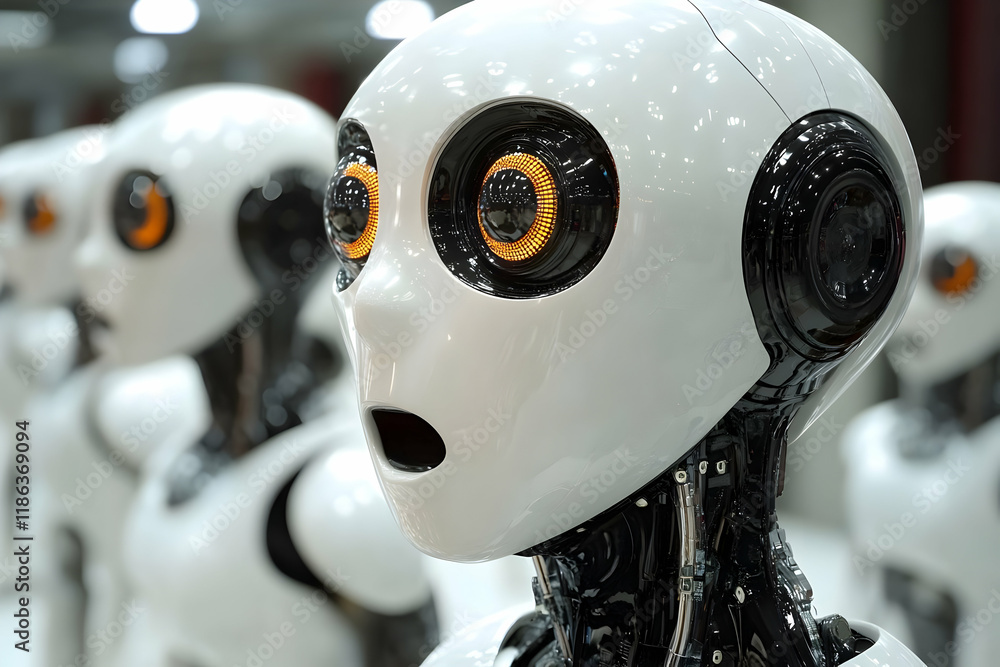 Aufkleber a close-up view of a line of futuristic robots with glowing orange eyes, representing automation and