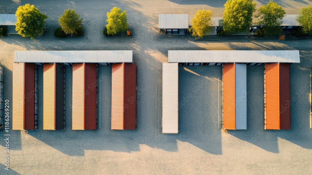 Aufkleber aerial view of colorful storage units in open area with trees