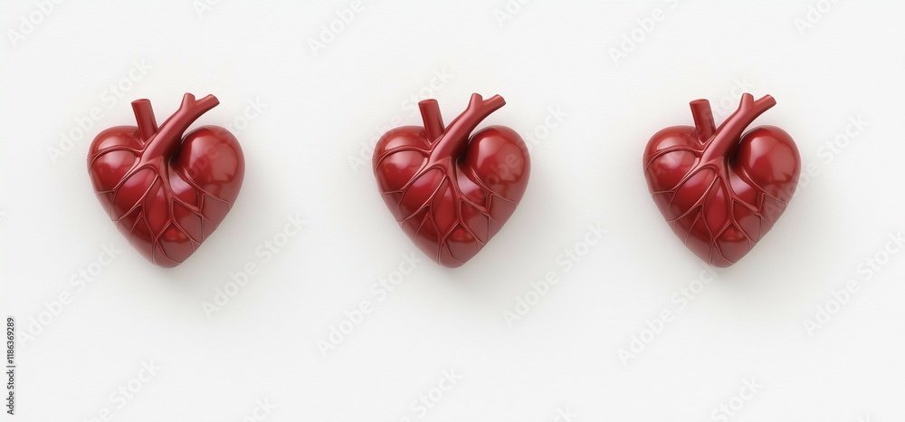 Poster 3d render three red heart-shaped objects with detailed anatomical features arranged in a row against