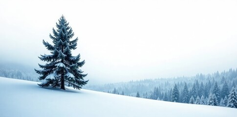 Fototapeta premium Snowy forest landscape with a single tall tree against the white background, evergreen, snow, tree
