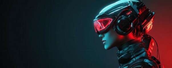Naklejka premium futuristic woman, virtual reality, technology, immersive experience, helmet, dark background, sleek design, modern aesthetics, cyberpunk concept, profile view, high tech gear, sci fi inspiration