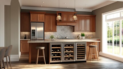 Kitchen with a built-in wine fridge and bar area 