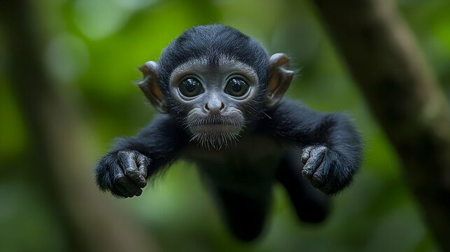 Adorable Baby Monkey Hanging from a Tree Branch in Lush Green Forest