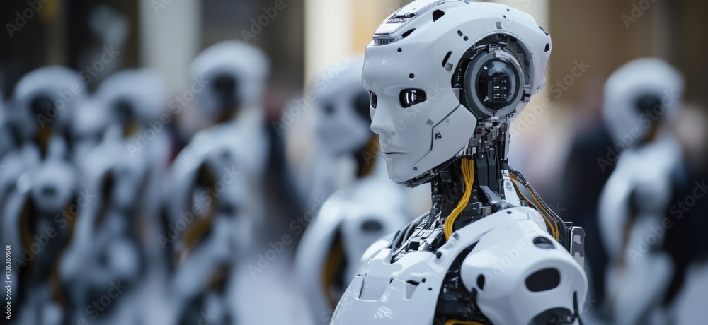Poster futuristic humanoid robots showcasing advanced technology and design in a modern environment, highli