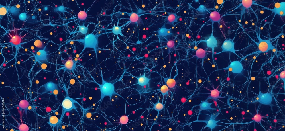 Poster Neural Network Visualization with Colorful Neurons and Connections Representing Complex Interactions, copy space for text