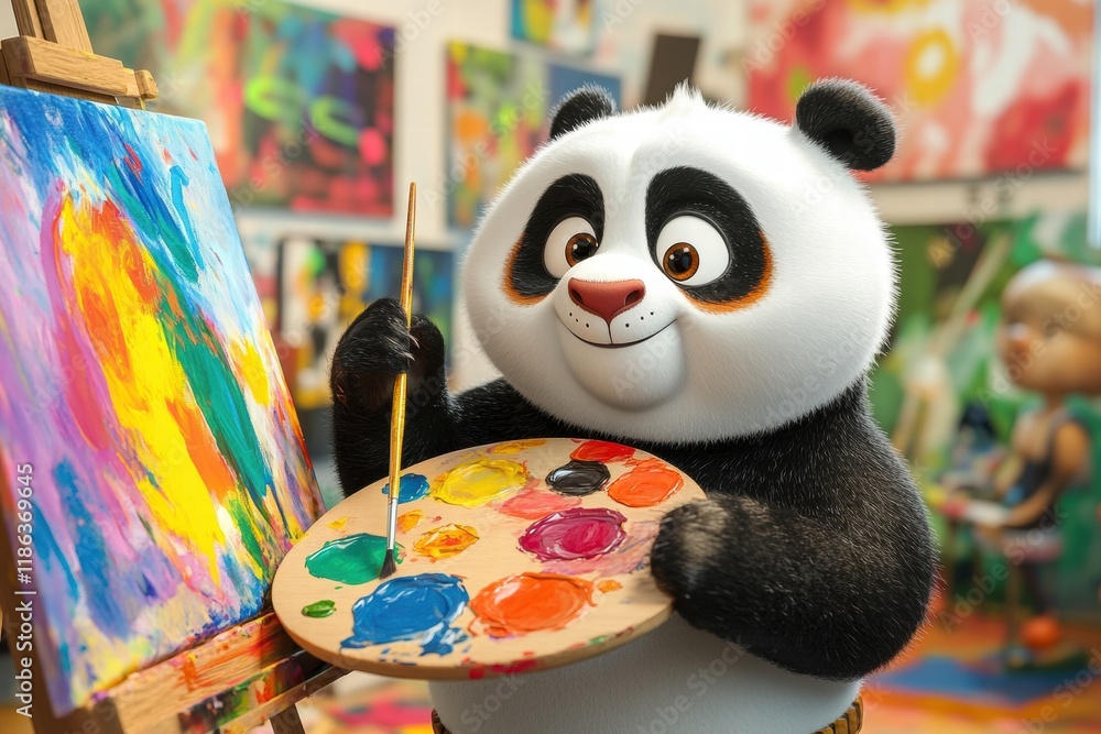 Aufkleber panda joyfully painting with a palette and brush in a colorful art studio filled with vibrant artwor