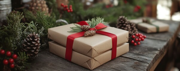 Gift box wrapped in brown paper with a red ribbon, eco-friendly holiday packaging, rustic charm.