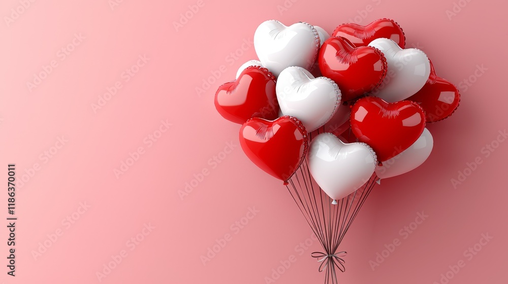 Poster 3d render heart-shaped balloons in red and white float against a soft pink background, creating a ch