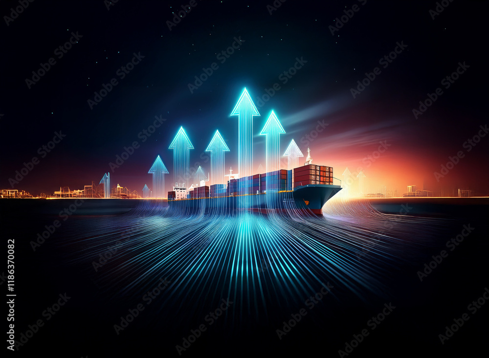 Poster a container ship speeds across the water, illuminated by glowing cyan arrows pointing upward, symbol