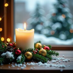 Snowy scene with a white Christmas candle on a wooden table amidst golden tinsel and green foliage, cozy, winter scene, warm glow