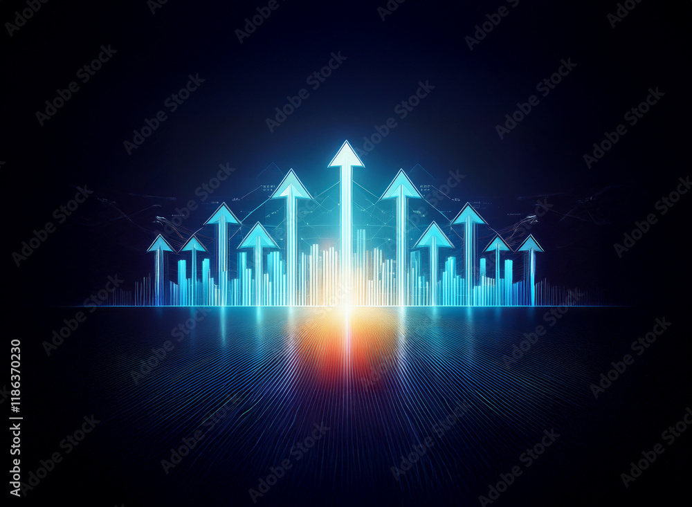 Poster glowing arrows surge upward above a futuristic cityscape, symbolizing growth and progress in a digit