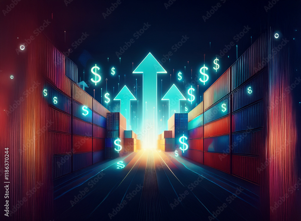 Poster a glowing arrow points upward between rows of shipping containers, symbolizing economic growth and f