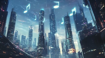 Obraz premium Futuristic Cityscape Illuminated With Musical Notes Floating Above