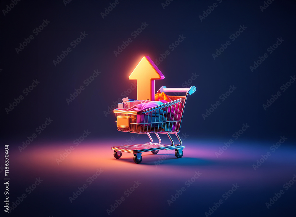Poster a shopping cart overflowing with goods sits under a glowing upward arrow, symbolizing growth and inc