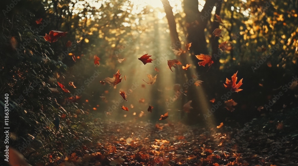 Poster Colorful autumn leaves swirl in a forest at dusk under warm sunlight filtering through trees. Generative AI