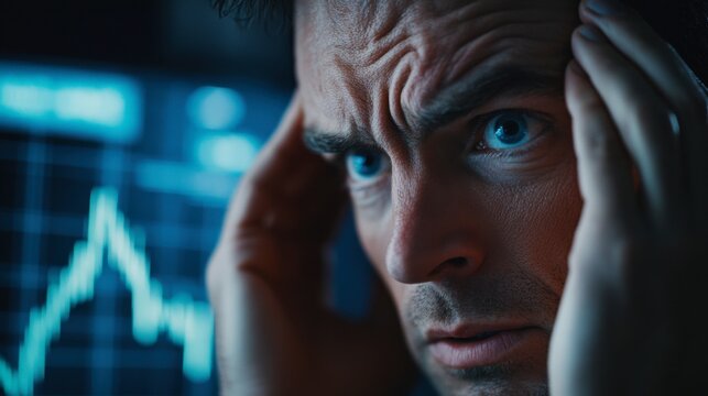 Stress and Uncertainty: A close-up portrait of a man gripping his head, reflecting the pressure and uncertainty that can come with financial markets and trading.