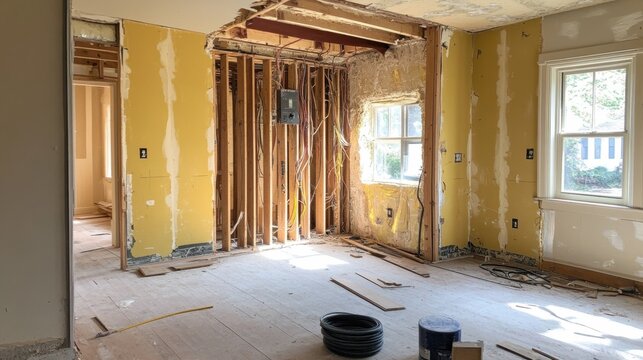 Interior Home Renovation with Exposed Walls and Construction Materials