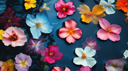 Colorful Flower Petals Floating on Calm Water Surface