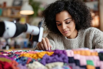 Fototapeta premium National Contract Sewing Month Young african female artist quilting a colorful patchwork in cozy studio