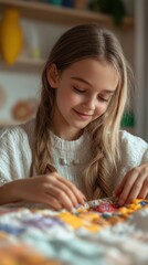 Fototapeta premium Young caucasian female child smiling while engaging in creative crafting activity at home