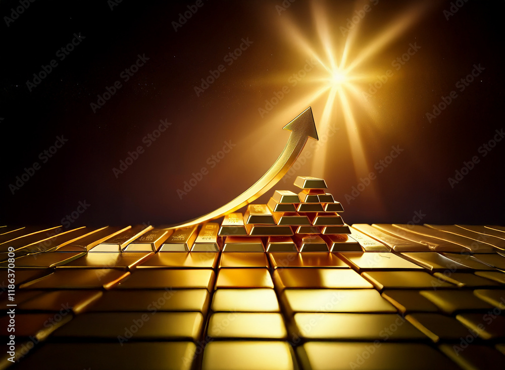 Poster a radiant sun bursts forth behind a golden arrow soaring above a stack of gold bars, signifying pros
