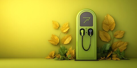Green EV charger autumn leaves background. Eco-friendly energy