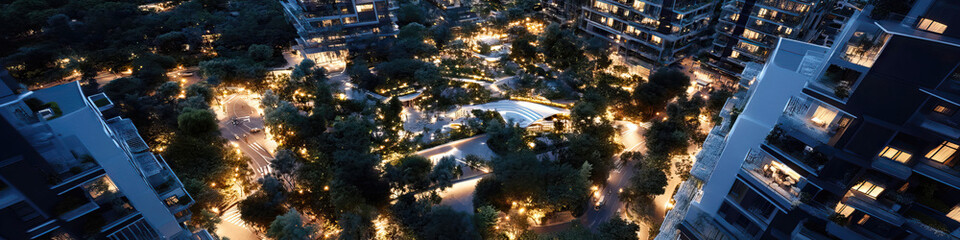 Fototapeta premium Aerial Night View of Residential Complex with Central Park