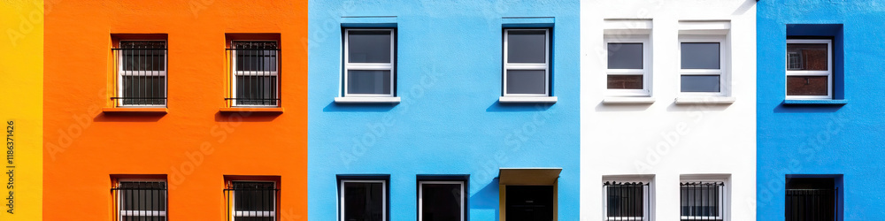 Poster multi-colored building facade with windows and security bars