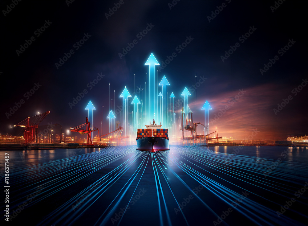 Poster a container ship at night, illuminated by glowing blue upward arrows symbolizing growth and digital 