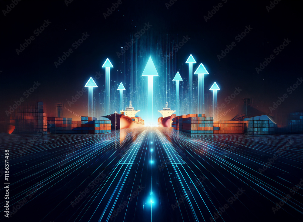 Aufkleber glowing arrows ascend above cargo ships and containers on a futuristic dock, symbolizing growth in g