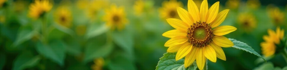 Obraz premium Sunflower with large dark green leaves and tiny yellow buds, plant, yellow flower