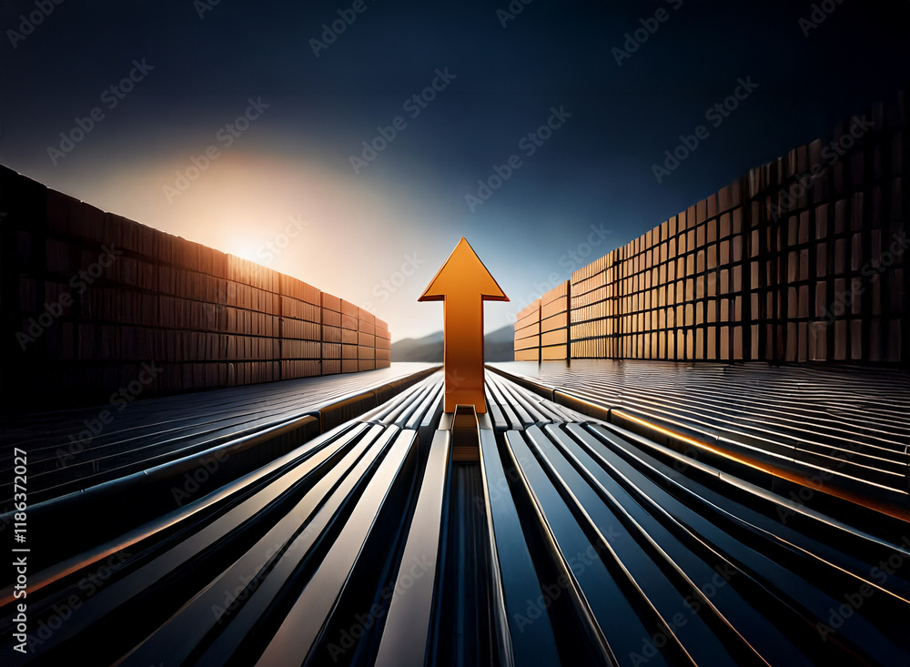 Poster a golden arrow ascends between rows of shipping containers at sunrise, symbolizing growth and progre