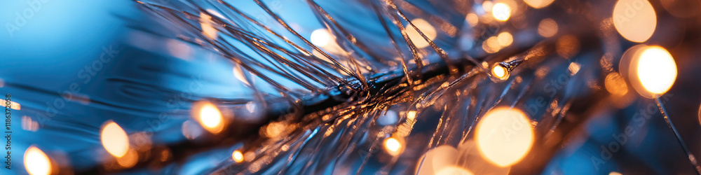 Poster close-up of metallic strands with illuminated bokeh lights