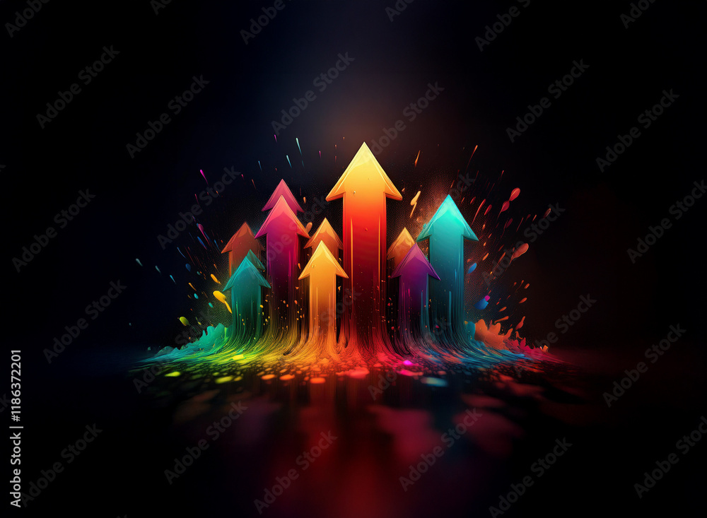 Poster Vibrant, upward-pointing arrows radiate light and energy, exploding from a dark background, symbolizing growth, success, and progress.  The colorful streaks create a dynamic, powerful visual.