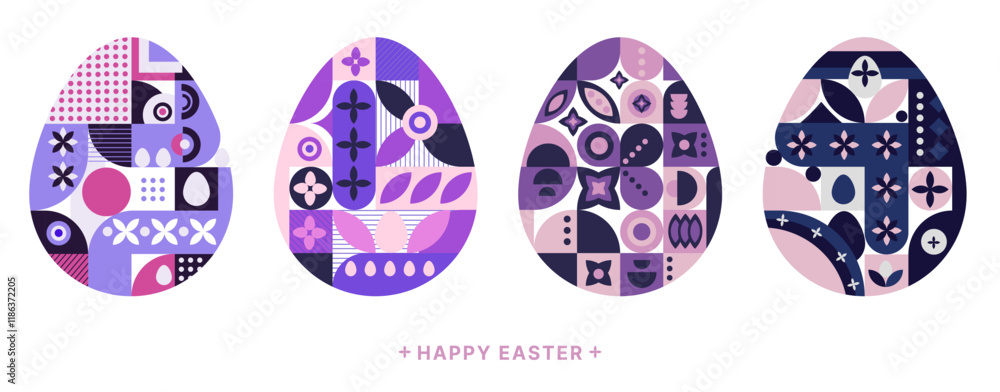 Poster abstract easter eggs in modern geometric style set. happy easter eggs with geometric retro patterns.