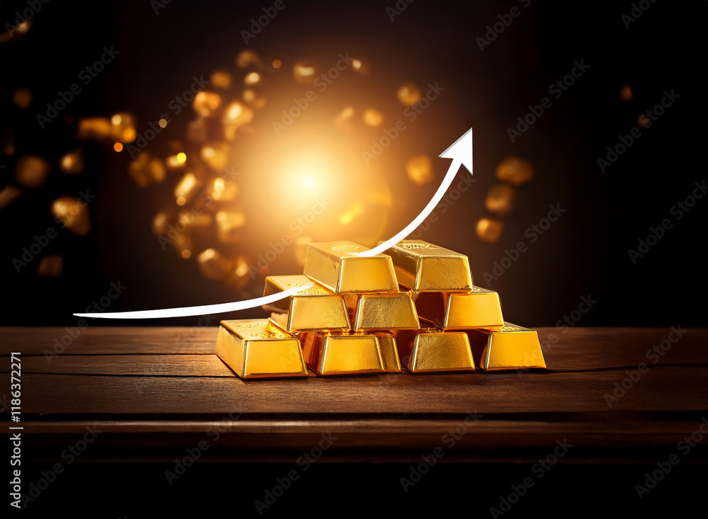 Poster a pyramid of gleaming gold bars sits on a dark wooden surface, illuminated by a bright light. an upw