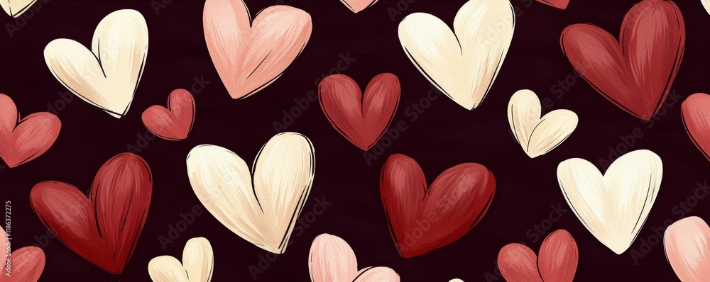 Poster a colorful array of hearts in various shades of red and pink, set against a dark background, creatin