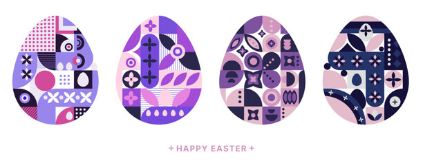 Abstract Easter eggs in Modern geometric style set. Happy Easter eggs with geometric retro patterns. Perfect for poster, cover, advertising, print, emblem, promo web or postcard. Vector illustration