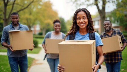African American college student moves to dorm with parents assistance. Family works together. Happy faces. Outdoors scene. Smiling people carry cardboard boxes. New home. College life. Support.