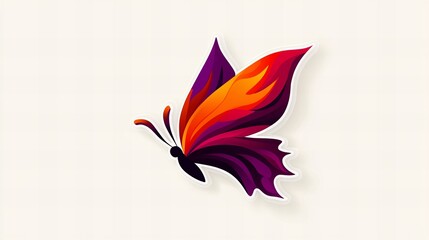 Obraz premium Vibrant abstract butterfly design. Intricate wings in shades of orange, purple, and red against a soft white background.