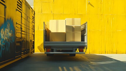 Delivery Truck Loaded With Cardboard Boxes Against Yellow Wall