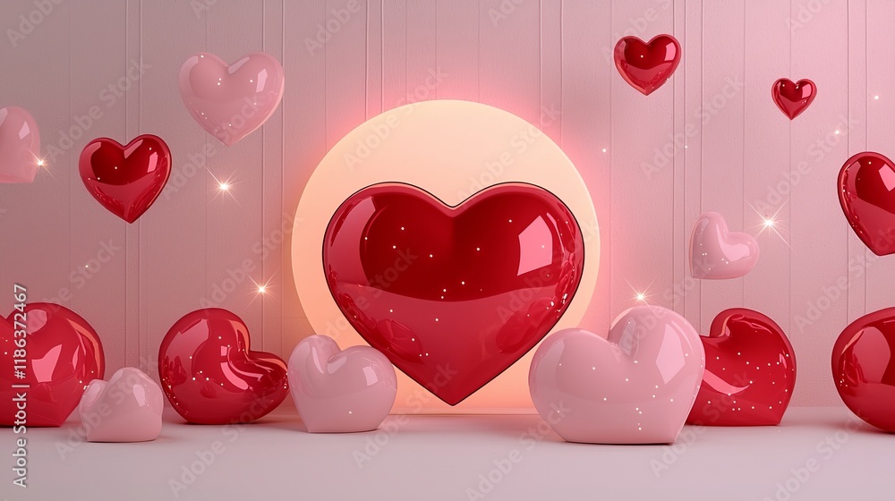 Poster a vibrant display of colorful hearts in various sizes, creating a romantic atmosphere with a glowing
