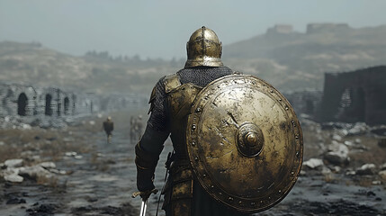 A lone knight in ancient armor walks across a desolate battlefield, his shield reflecting the harsh sunlight, towards distant ruins