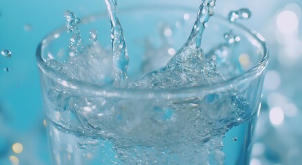 Close-up of pure water being poured into a glass. Representing the concept of a healthy lifestyle and the importance of safe water through advanced purification technology for health and well-being.