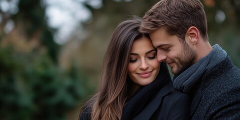 Fototapeta premium Young caucasian couple embracing in nature with loving smiles on a chilly day