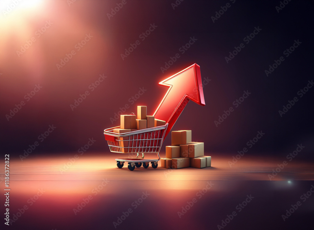 Poster a shopping cart overflowing with cardboard boxes sits beneath a large, upward-pointing red arrow, il