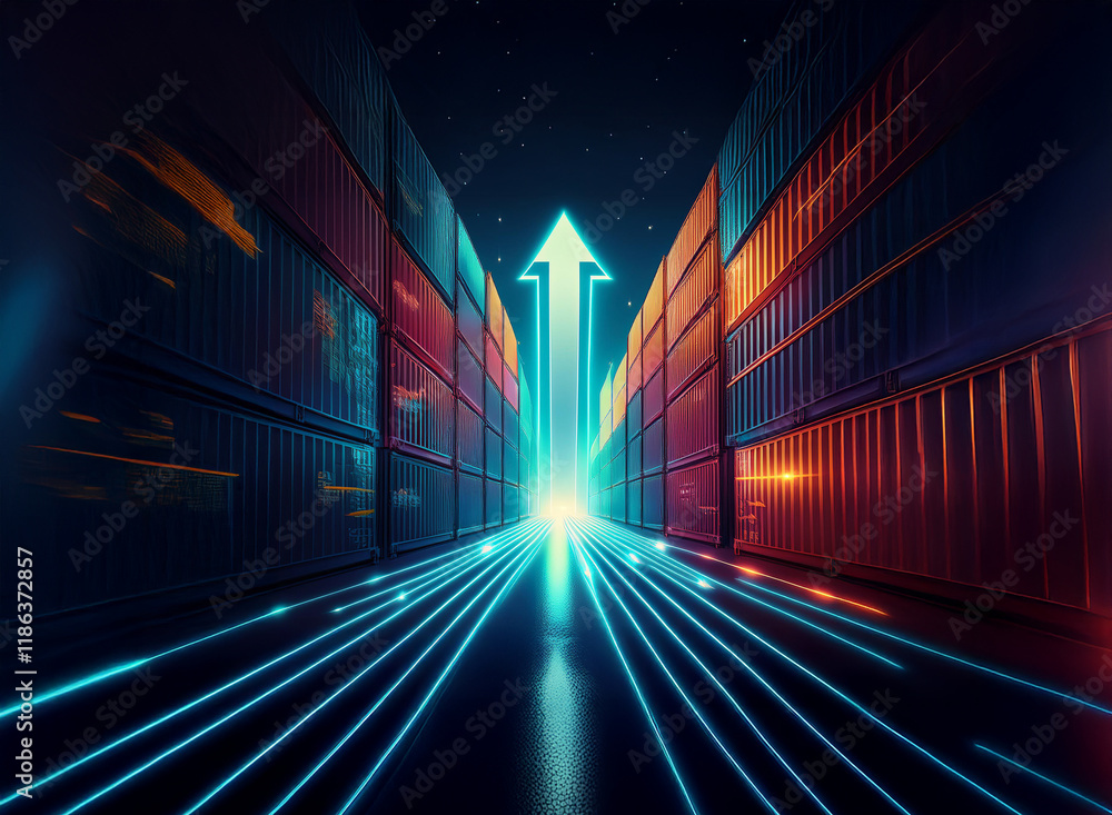 Poster a glowing arrow ascends between rows of shipping containers, illuminated by vibrant neon streaks sig