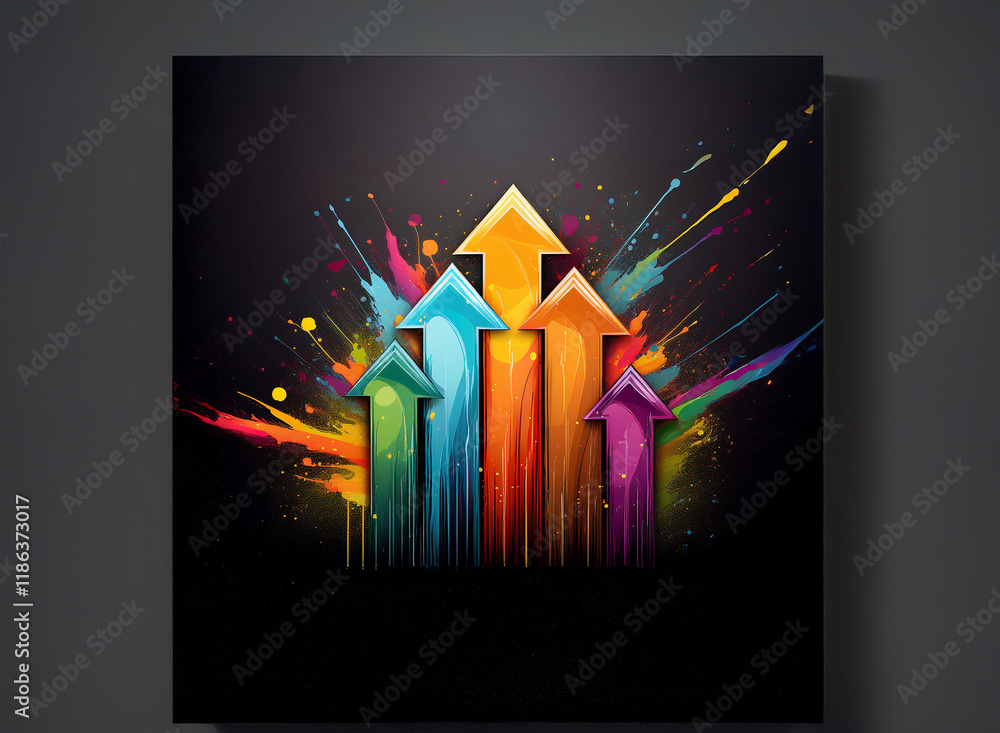 Poster vibrant multicolored arrows ascend from a dark background, surrounded by a dynamic splash of paint. 