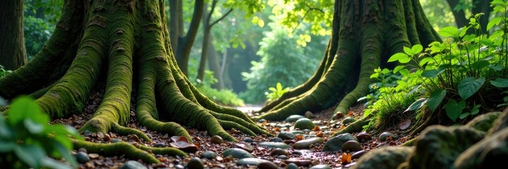Towering tree roots weave through moss-covered stones, erosion, earthy tones