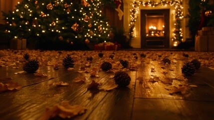 Cozy christmas evening gathering living room holiday decor warm ambiance low angle view festive spirit